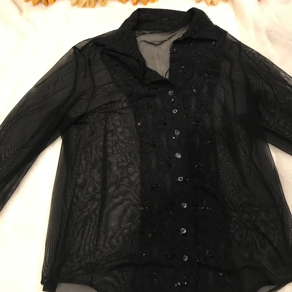 Black Net And Sequin Beaded Button Down - image 3